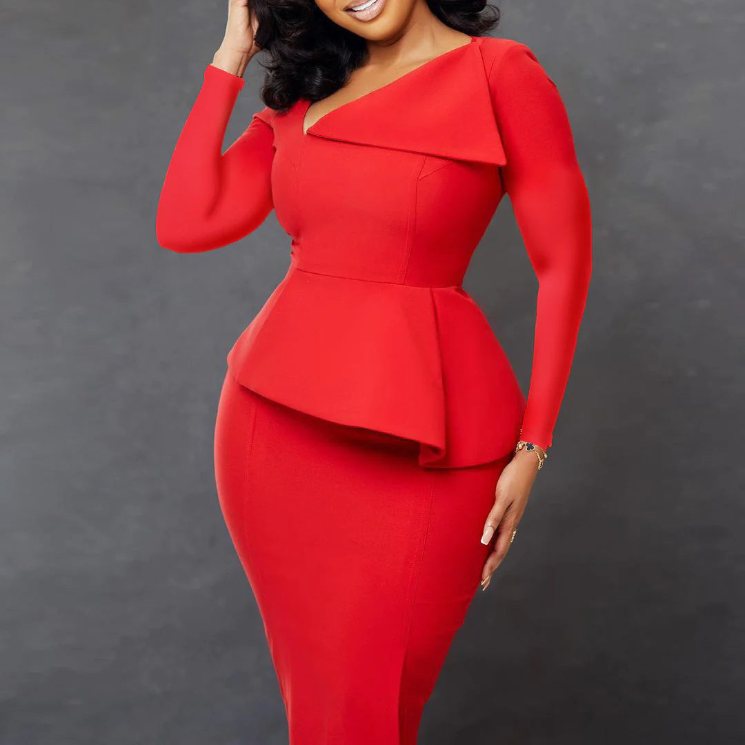 red dress for church women Church Dresses for Women Elegant Bodycon Dress Peplum 3/4 Sleeves Irregular Collar Classy Office Ladies Knee Length Gowns Classy (Red,S)