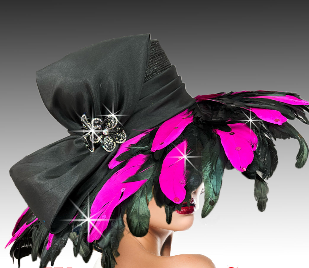 Women Church Hat 3390 Black Fuchsia