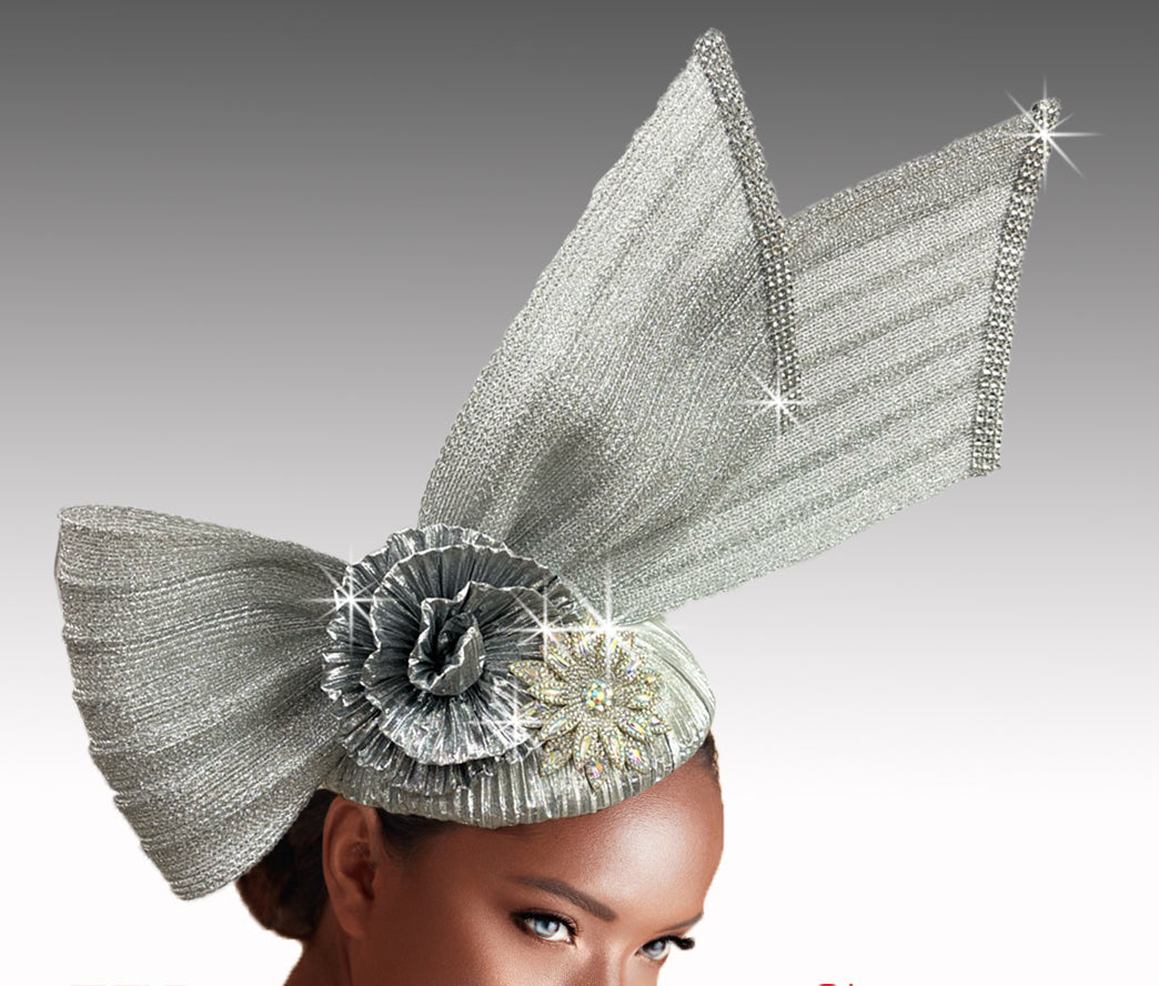 chinese dress ladies kentucky derby hat fascinator silver gray satin with netting and white   The Hat Doctor