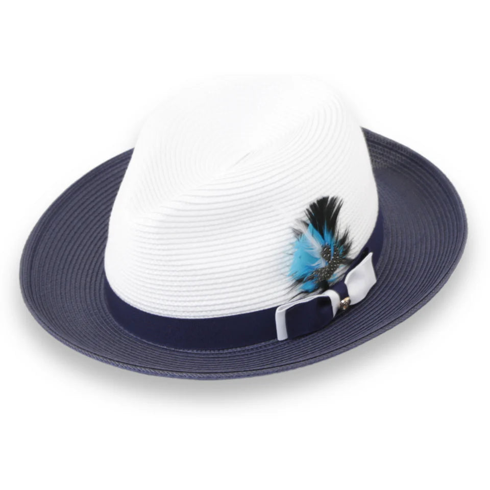 Men Fedora Hat Tapa Navy White H126