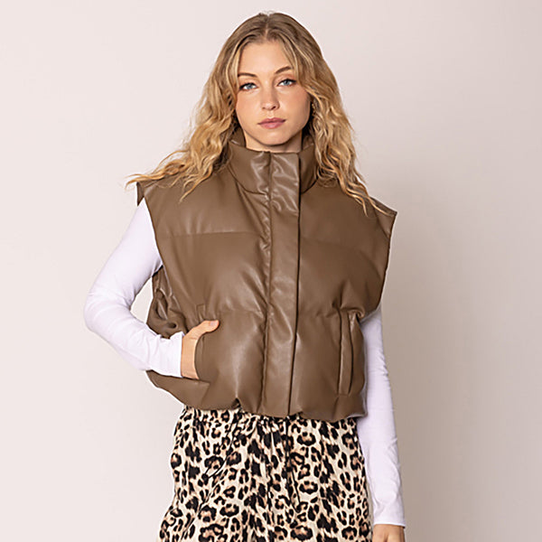 Women Leather Padded Vest S002 Brown