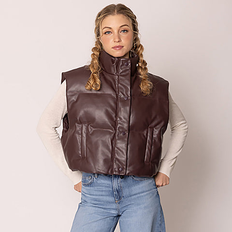Women Leather Padded Vest S002 Burgundy