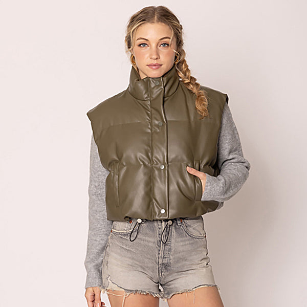 Women Leather Padded Vest S002 Olive