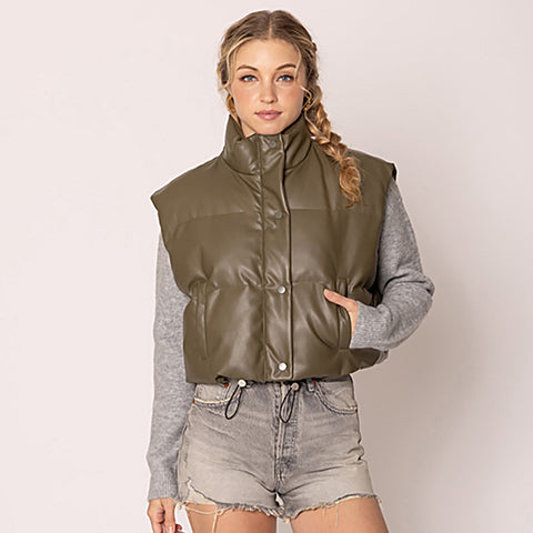 Women Leather Padded Vest S002 Olive
