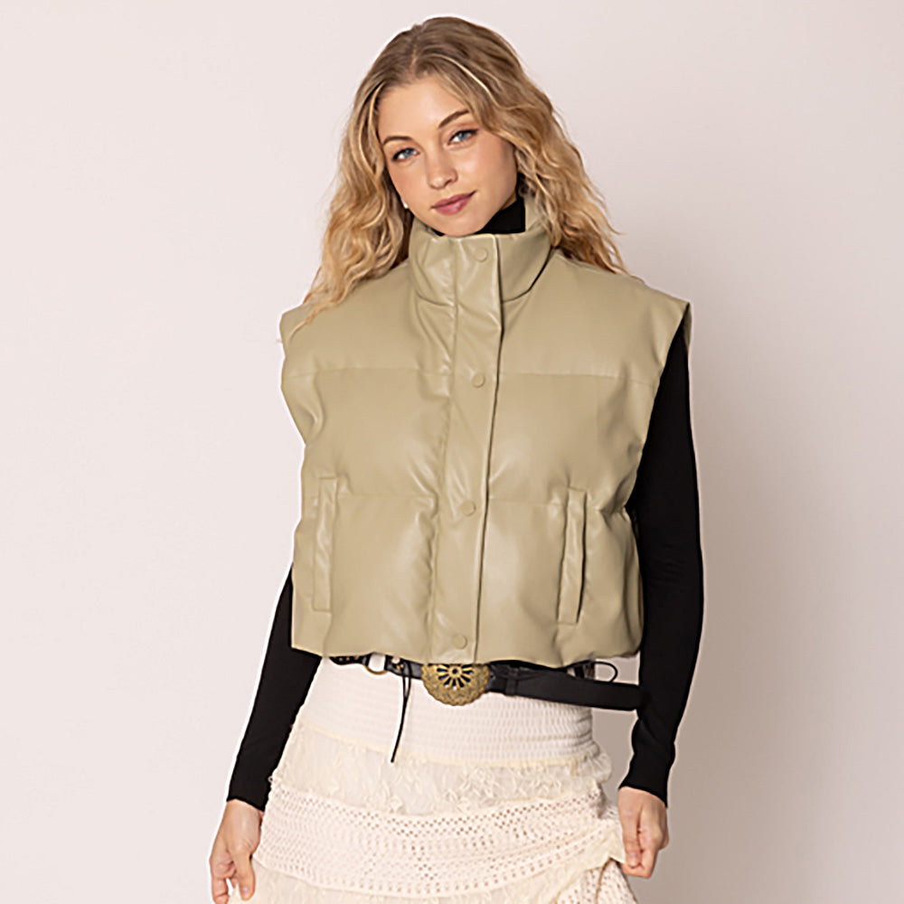 Women Leather Padded Vest S002 Sage