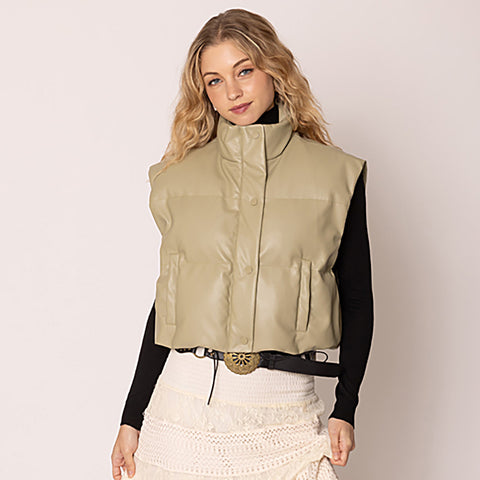 Women Leather Padded Vest S002 Sage