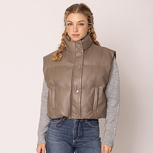 Women Leather Padded Vest S002 Taupe