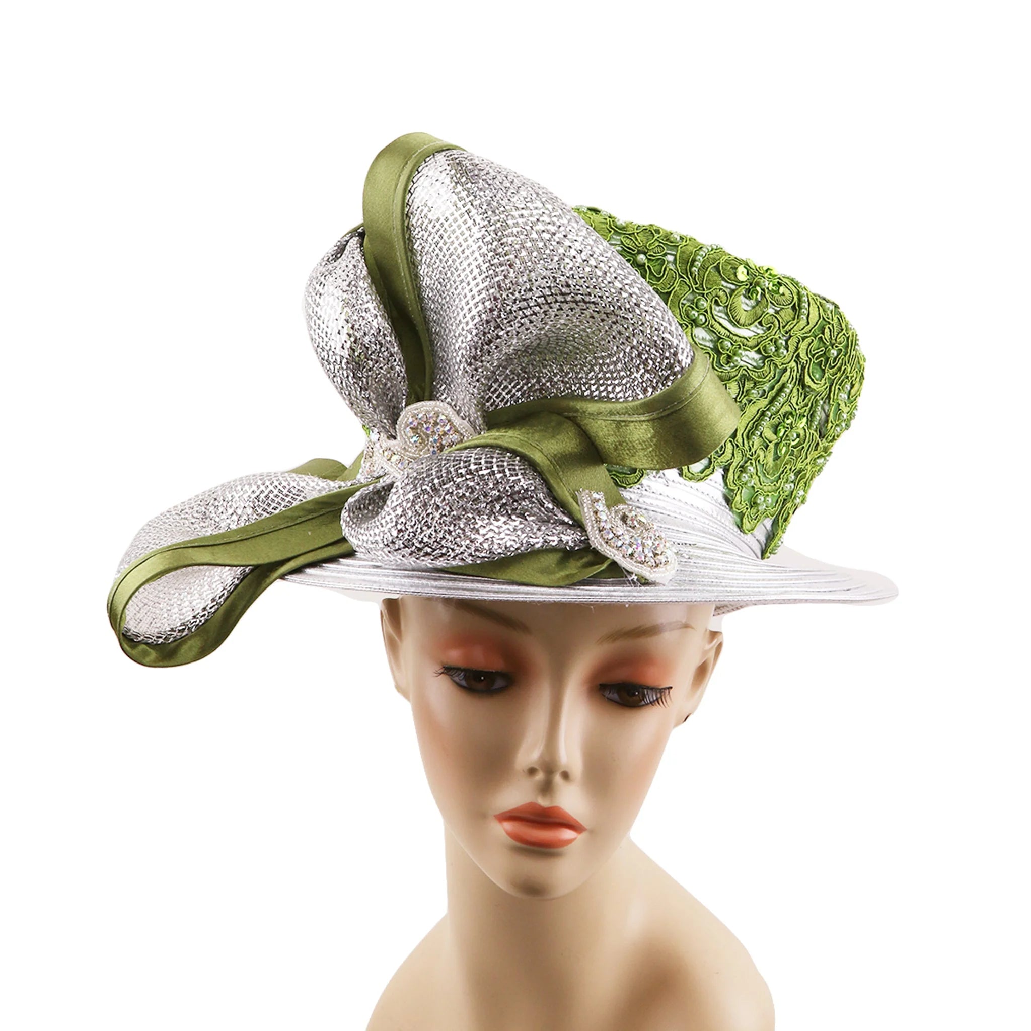 Women Church Hat 4007 Metallic Silver Olive Green