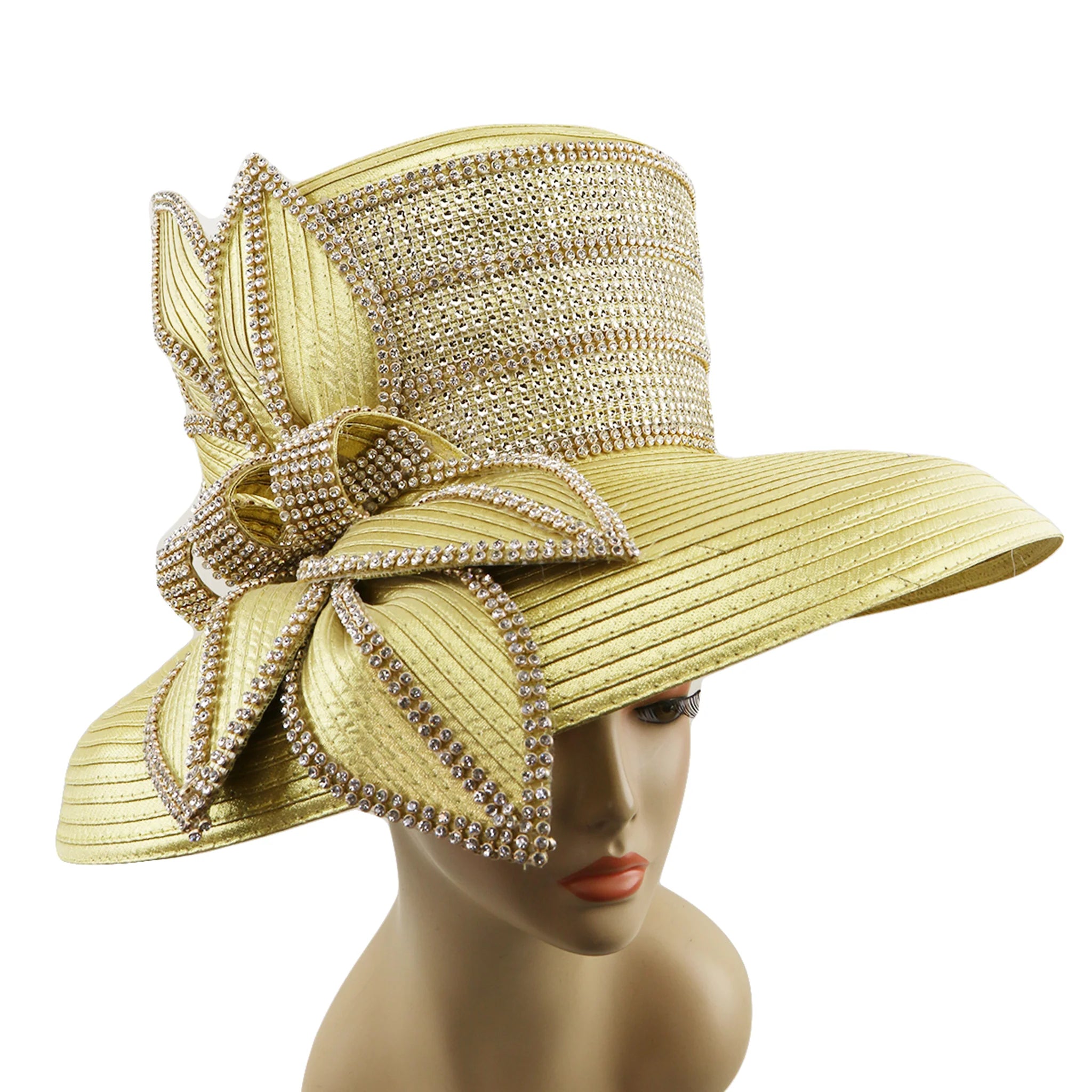 Yellow straw hat with decorative bow on a mannequin head against a white background