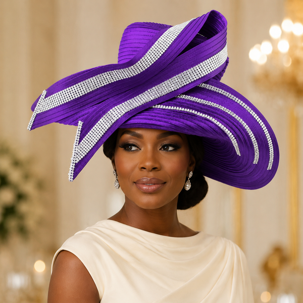 A woman wearing an elegant, large pleated purple fascinator hat adorned with silver rhinestone stripes, paired with a cream-colored dress in a softly lit indoor setting.