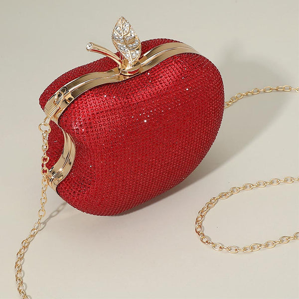 Women's Red Crystal Rhinestone Apple Evening Clutch Bag with Chain Strap 2365
