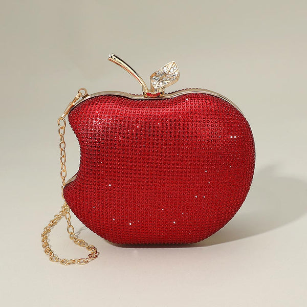 Women's Red Crystal Rhinestone Apple Evening Clutch Bag with Chain Strap 2365