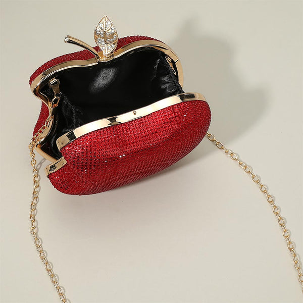 Women's Red Crystal Rhinestone Apple Evening Clutch Bag with Chain Strap 2365
