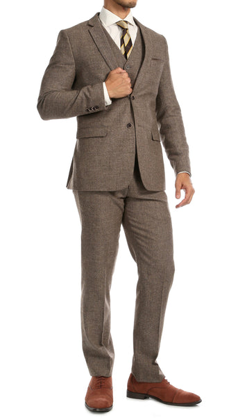 York Brown Slim Fit 3pc Herringbone Suit