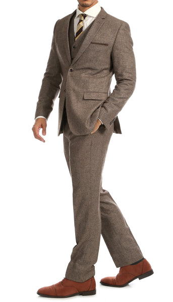 York Brown Slim Fit 3pc Herringbone Suit