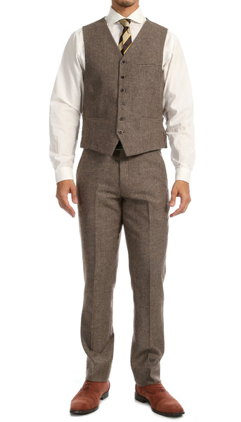 York Brown Slim Fit 3pc Herringbone Suit