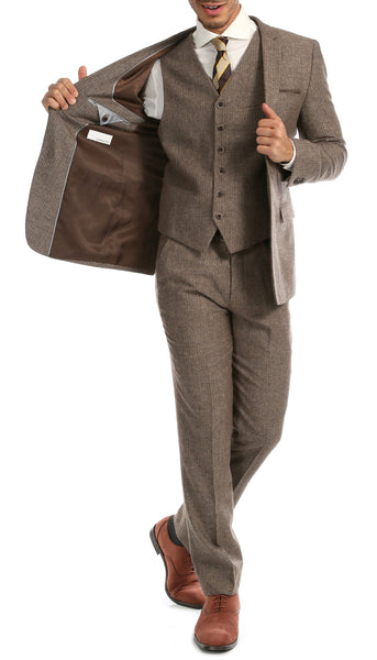 York Brown Slim Fit 3pc Herringbone Suit