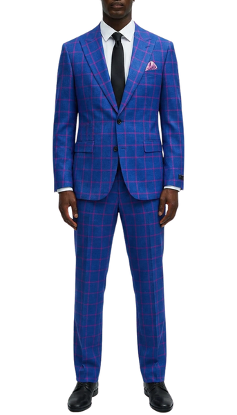 Kingston blue checker slim fit suit on model
