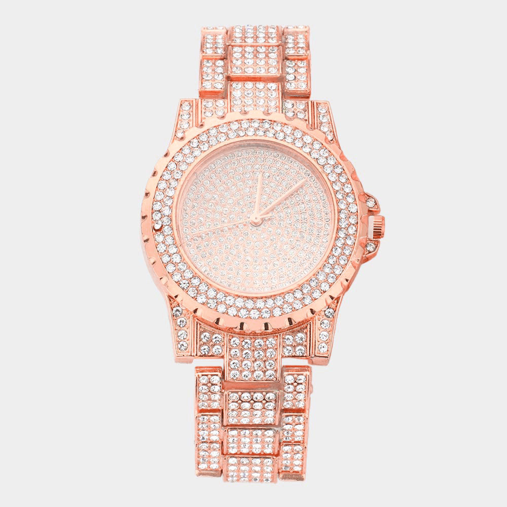 Rhinestone Embellished Round Dial Metal Band Watch