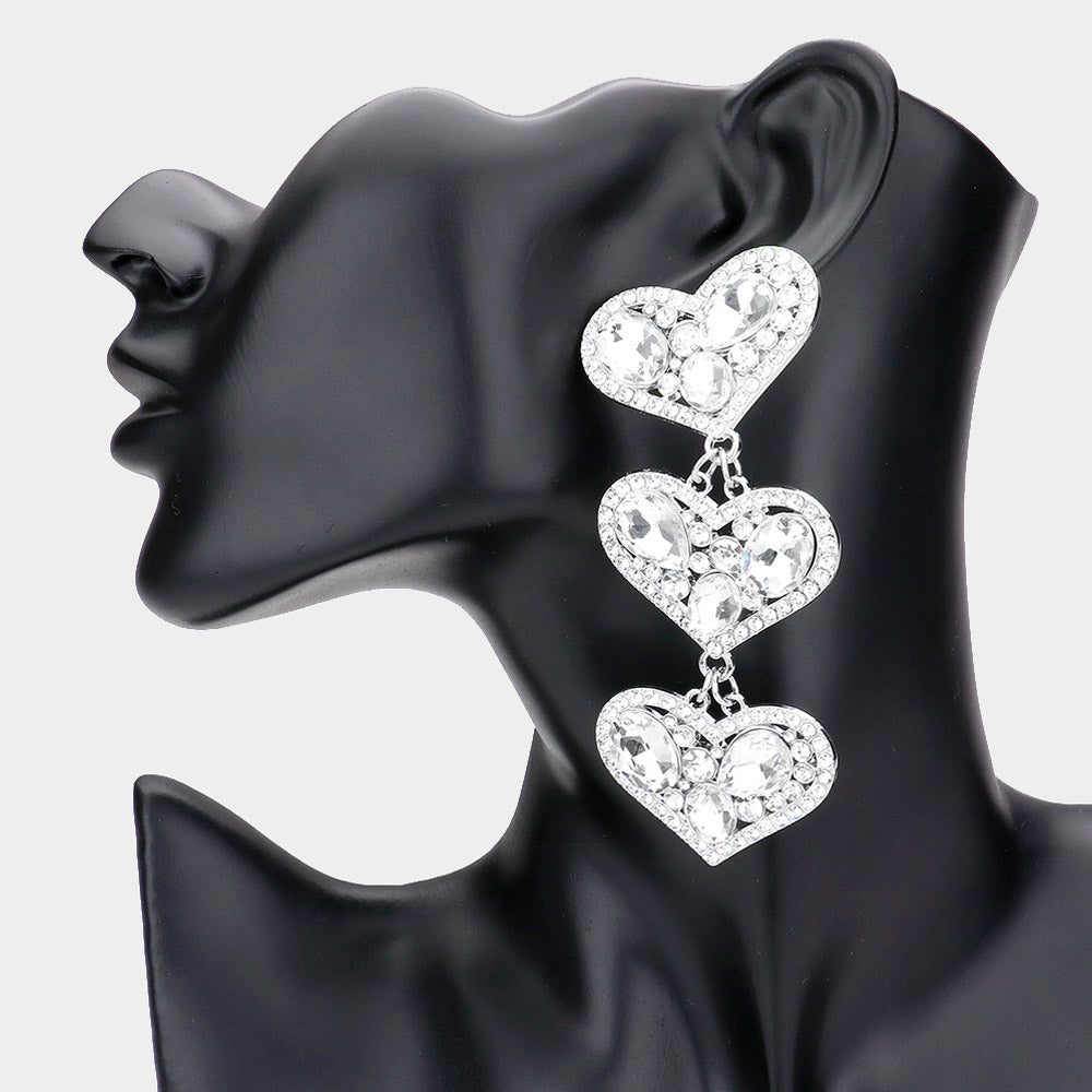 Triple Heart Diamond Dangle Evening Earrings