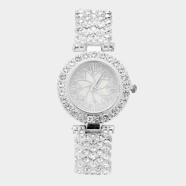 Flower Accented Rhinestone Embellished Round Dial Metal Band Watch