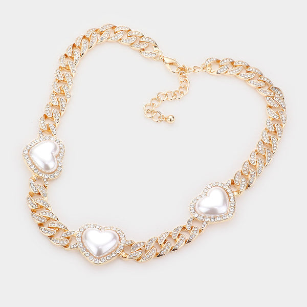 Pearl and Heart Cuban Link Necklace with Earrings