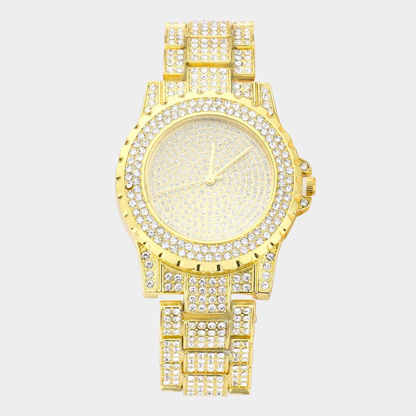 Rhinestone Embellished Round Dial Metal Band Watch