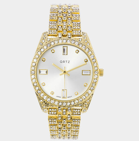 Rhinestone Embellished Round Dial Metal Band Watch