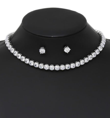 CZ Diamond Tennis Necklace with Earrings