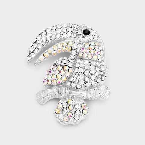 SILVER TOUCAN BIRD BROOCH CLEAR AB COLOR STONES
