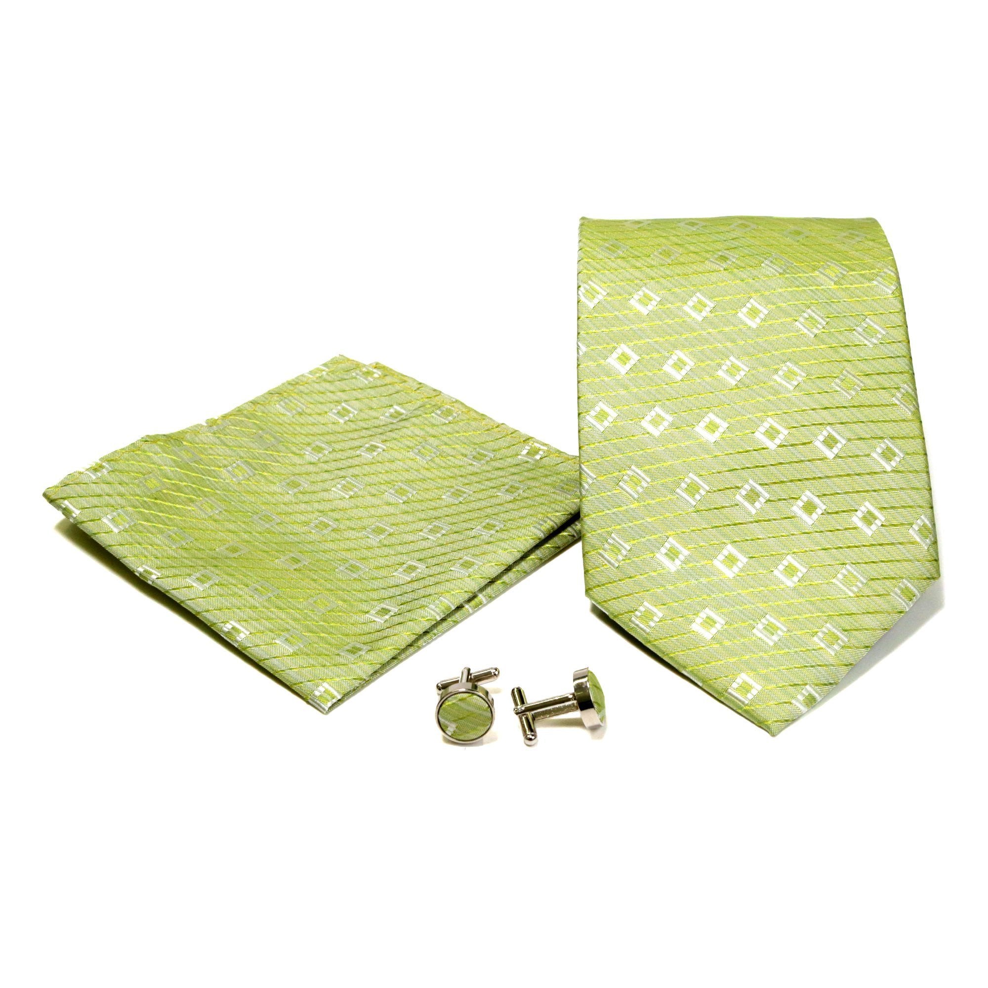 Men's Green on Green Striped Geometric Design 4-pc Necktie Box Set