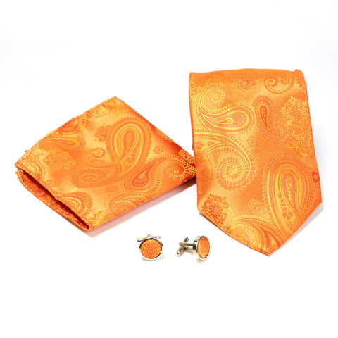 Men's Radiant Orange Paisley Geometric Design 4-pc Necktie Box Set