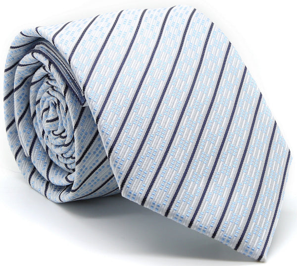Mens Dads Classic White Striped Pattern Business Casual Necktie & Hanky Set C-9
