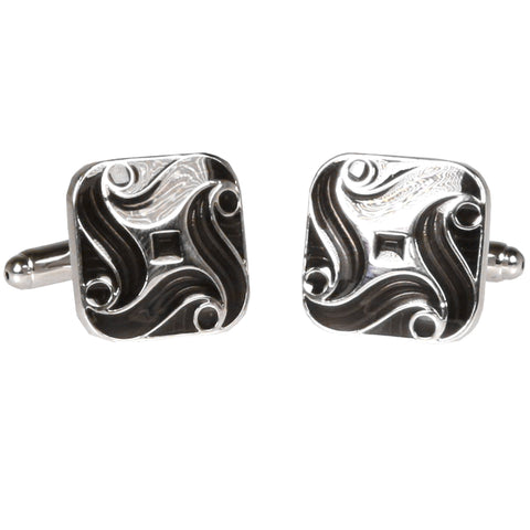 Silvertone Square Geometric Pattern Cufflinks with Jewelry Box