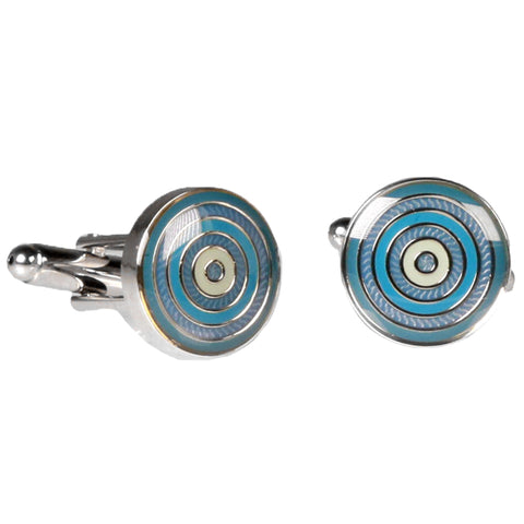 Silvertone Circle Blue Cufflinks with Jewelry Box