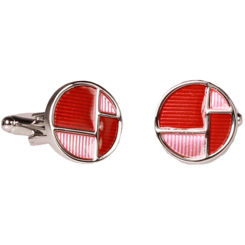 Silvertone Red Circle Geometric Pattern Cufflinks with Jewelry Box