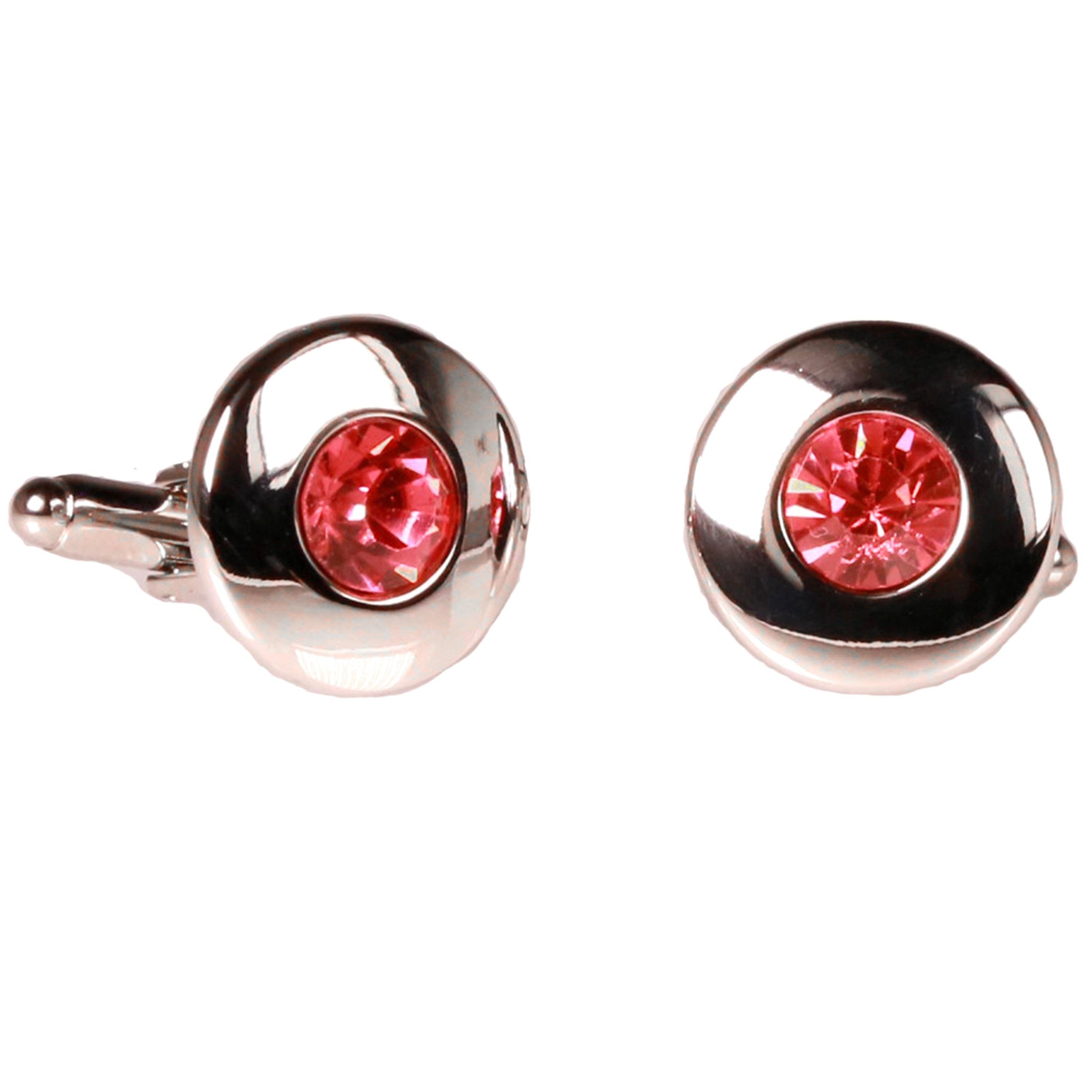 Silvertone Circle Pink Gemstone Cufflinks with Jewelry Box