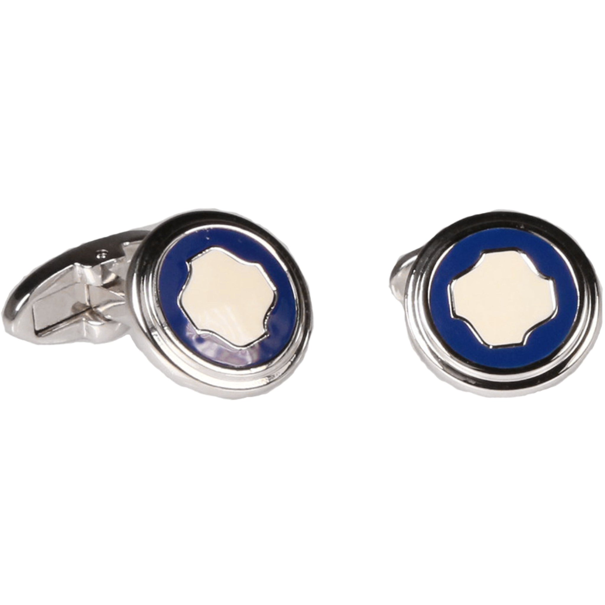 Silvertone Circle Blue Cufflinks with Jewelry Box
