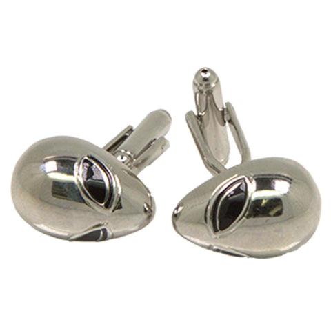 Silvertone Novelty Alien Head Cufflinks with Jewelry Box