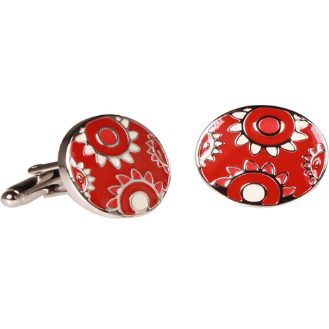 Silvertone Circle Red Geometric Cufflinks with Jewelry Box