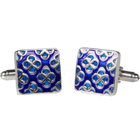 Silvertone Square Blue Geometric Pattern Cufflinks with Jewelry Box