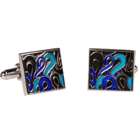 Silvertone Square Blue Geometric Pattern Cufflinks with Jewelry Box