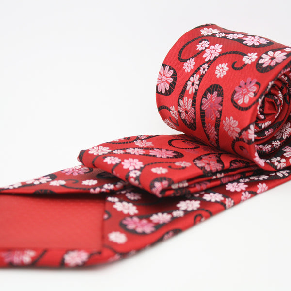 Mens Dads Classic Red Floral Pattern Business Casual Necktie & Hanky Set DF-4