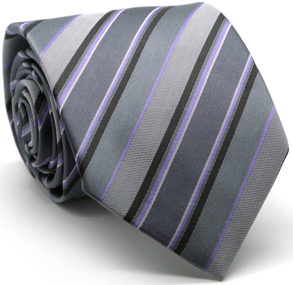 Mens Dads Classic Grey Striped Pattern Business Casual Necktie & Hanky Set DO-4