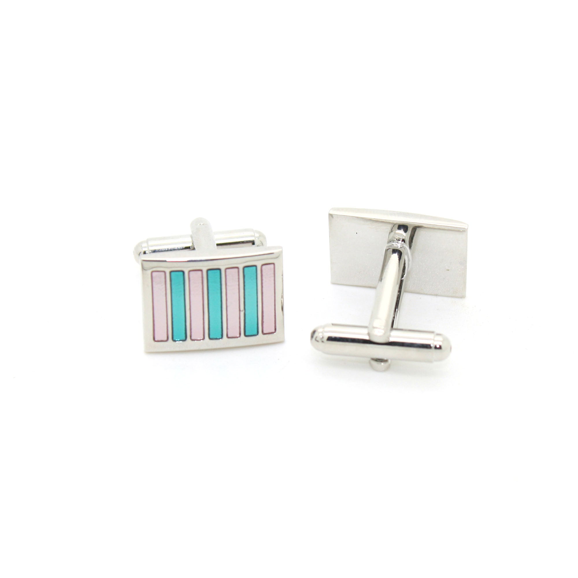 Silvertone Mint & Pink Stripe Cuff Links With Jewelry Box