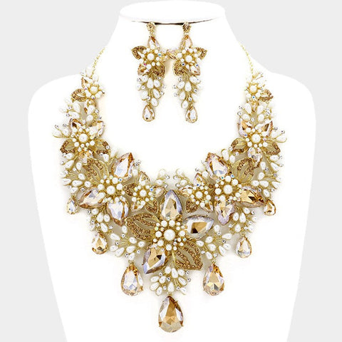 Crystal Rhinestone & Pearl Flower Vine Bib Evening Necklace