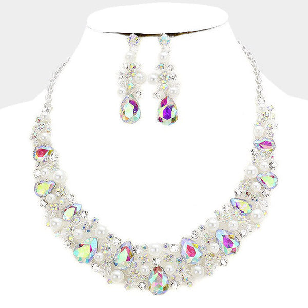 Glass Crystal & Pearl Vine Evening Necklace