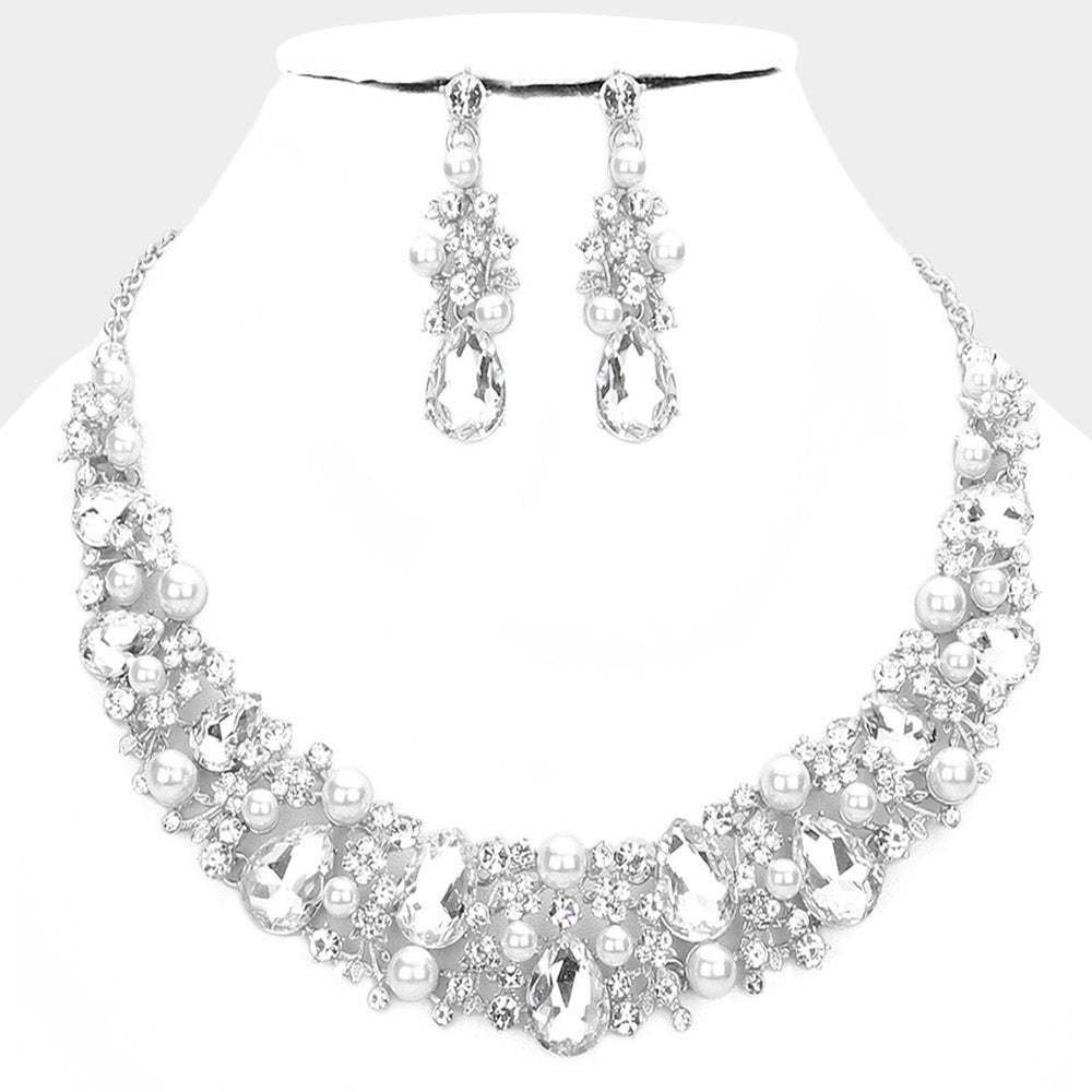 Glass Crystal & Pearl Vine Evening Necklace