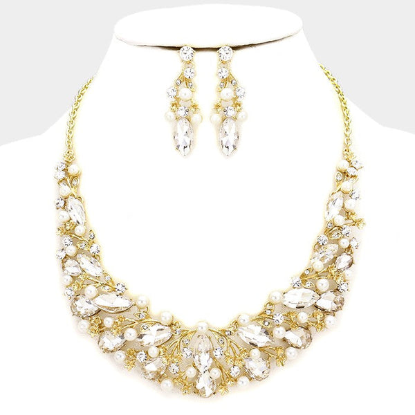 Pearl Embellished Glass Crystal Marquise Vine Necklace