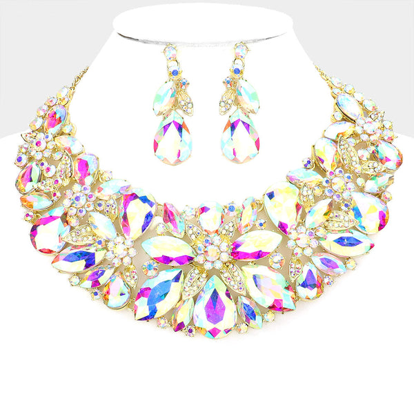 Floral Multi Stone Cluster Evening Necklace